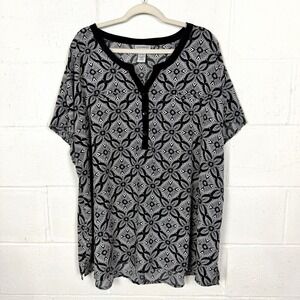 Catherines Popover V-Neck Top Relaxed Black & White Floral Maximalist Office 3X